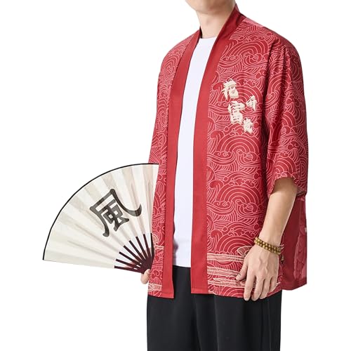 Image of PRIJOUHE Men's Japanese Kimono Cardigan Jackets Casual Long Sleeve Open Front Coat Lightweight Yukata Outwear