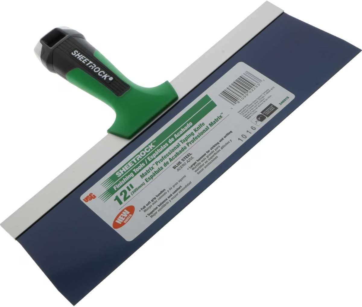 USG Sheetrock Tools 12" Matrix Blue Steel Drywall Taping Knife, Professional Finishing Knife with Soft Grip Handle, Tapered Neck, Enlarged Hammer End, Flexible Blue Steel Blade
