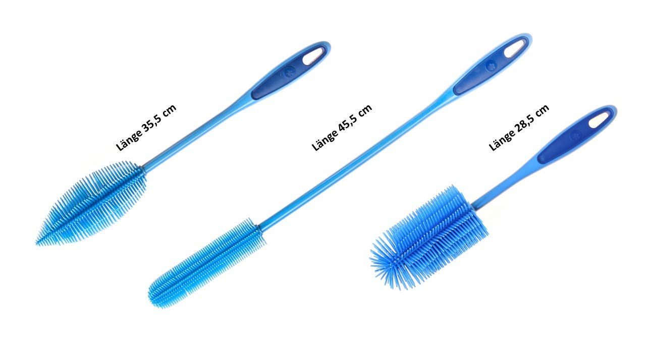 Kochblume Flaschenbürste 36cm & Flaschenbürste Slim & Silikon Spülbürste Rund 3er Set | Premium-Silikon | Hitzbeständig | Spülmaschinenfest | Für Trinkflaschen, Thermoskannen & Gläser | Farbe: blau