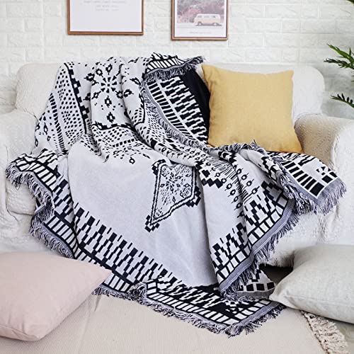 Manta bohemia con borlas geométricas de punto en blanco y negro, extragrande, para sofá, cama, sillón, 290 x 210 cm