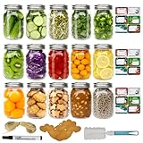 Mason Jars 16 oz with Lids, 15 Regular Canning Jars with Sealing Lids and Bands, Pint Canning Jars for DIY Projects, Pickling, Dry Goods, Food Storage, Includes Stickers, Tags, Brushes, Twine, Pens