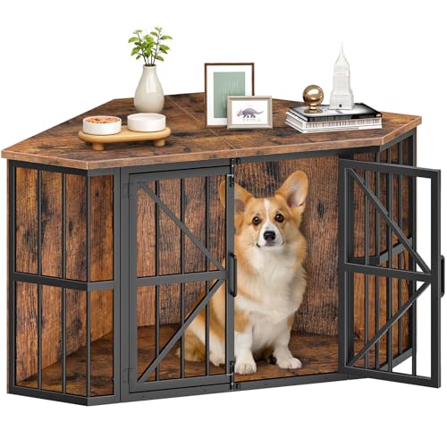 CHOEZON 44 Corner Dog Crate Furniture Corner Dog Kennel Furniture with X-Design Metal Frame Corner Dog Crate TV Stand for Medium Dogs Pet Crates Corner End Table Rustic Brown and Black TGW03BF