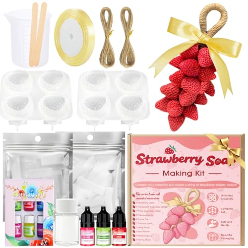 Kit para Hacer Jabones Artesanales, Forma de Fresa Kit Jabones Artesanales, con Base Jabon, Moldes para Jabones y Diversos Accesorios, Elaboración de Jabón Artesanal con Forma de Fresa, Práctico