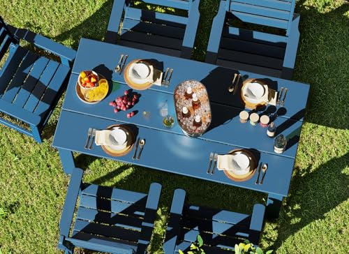 Image of GREENVINES 7-Piece Outdoor Dining Set | HDPE | Patio Table and Chairs Sets for 6 | Patio Furniture | All Weather | Umbrella Hole | Blue| for Backyard Poolside Garden