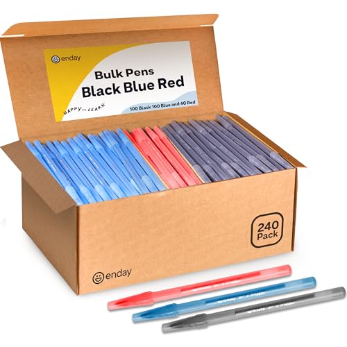 Enday Pens Ballpoint, Long Lasting Ink Pens Bulk 240 Pack (100 Black, 100 Blue & 40 Red), Smooth and Consistent Writing Pens, Medium Point (1.0mm) Flexible Round Barrel for Writing Comfort