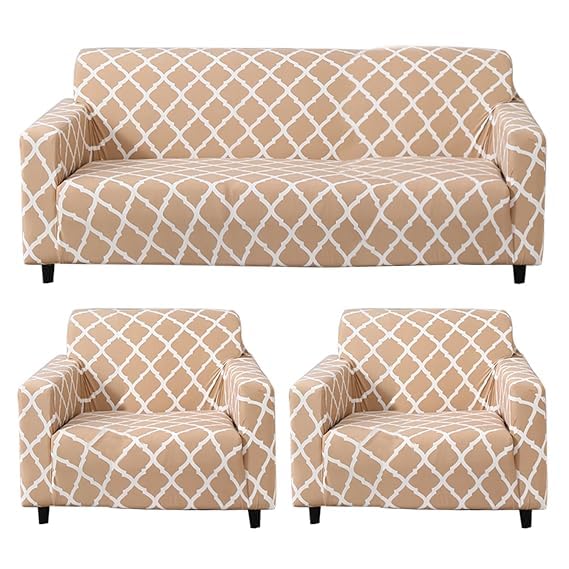 Image of Sofa Cover 5 Seater Fitted Sofa Cover Fully Covered Universal 5 Seater Sofa Cover Non-Slip Sticky Elastic Stretchable Sofa Set Slipcover Protector for (3+1+1 Seater) Beige Diamond