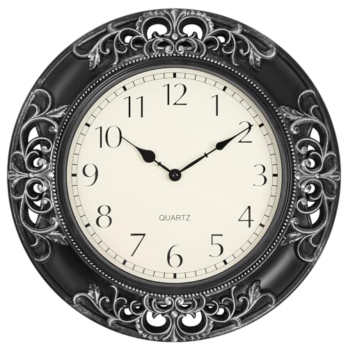 Wall Clocks for Living Room Decor, 18 in Large Vintage Wall Clock Battery Operated, Silent Rustic Antique Carved Frame Wall Clocks for Kitchen/Office/Bathroom/Bedroom, Black Silver