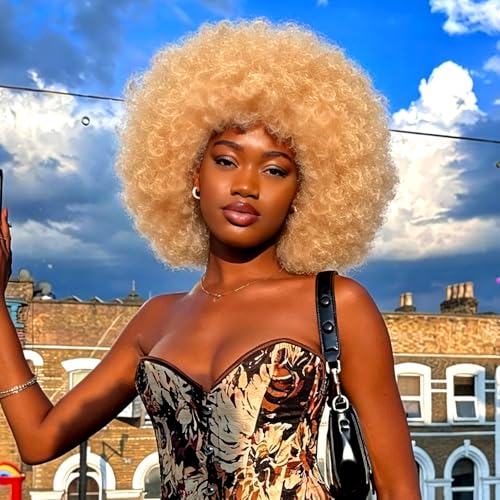 YWAYS HAIR Afro Wig with bangs 70s Short Afro Curly Wigs for Black Women Bouncy Huge Fluffy Puff Synthetic Kinky Curly Wig for Cosplay Daily and Party Use (10 Inch Light Blonde)