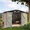 Aoxun Outdoor Storage Shed, 9.4 x 7.3 FT, Garbage Can,Outdoor Metal Shed for Tool,Garden,Bike, Brown