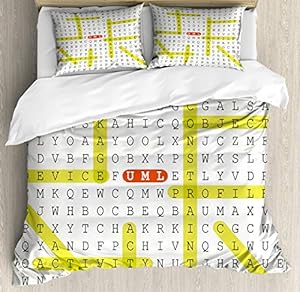 ABAKUHAUS Word Search Puzzle Bettbezug Set für Einzelbetten, UML Keywords, Milbensicher Allergiker geeignet mit Kissenbezug, 200 x 200 cm - 70 x 50 cm, Schwarz Gelb Orange