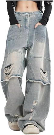 OATSBAS Unisex Y2K Retro Fringe Patchwork Ripped Jeans