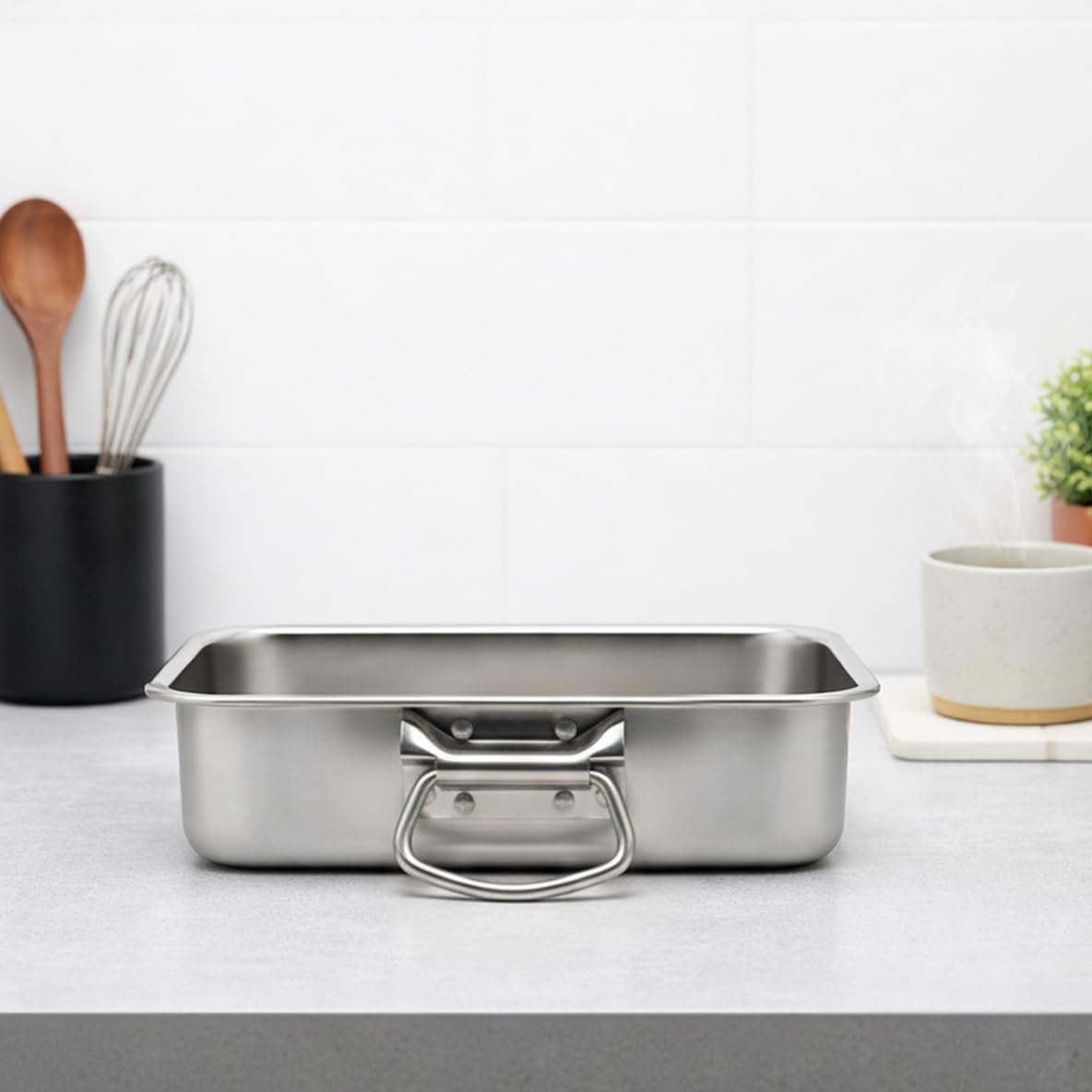 Teglie da Forno in Acciaio Inox - Teglia Rettangolare in Acciaio inossidabile - Lasagnera per Forno - Teglia Lasagna - Stampo da Forno Rettangolare - Maniglie Pieghevoli - 40 cm