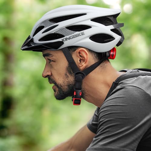 KINGBIKE Bike Helmet Adult Men Women Bicycle Cycling Road Mountain Helmets for Mens Womens Casco para Bicicleta with Safety Light Sun Visor Accessories(Matte White,M(54-58CM))