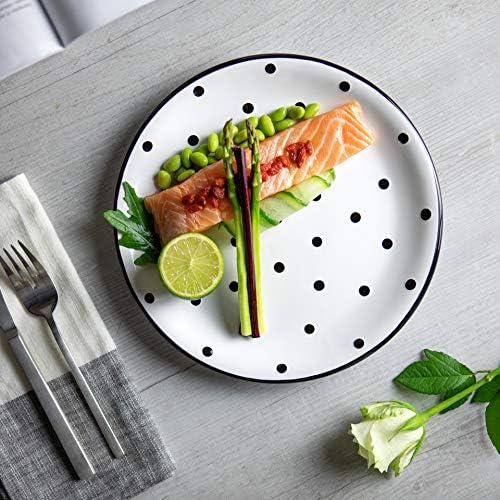 City to Cottage® White and Black Pottery | Polka Dot Spotty | Handmade Hand Painted | Glazed Ceramic 10inch/25.5cm Flat Dinner Plate | Unique Dinnerware