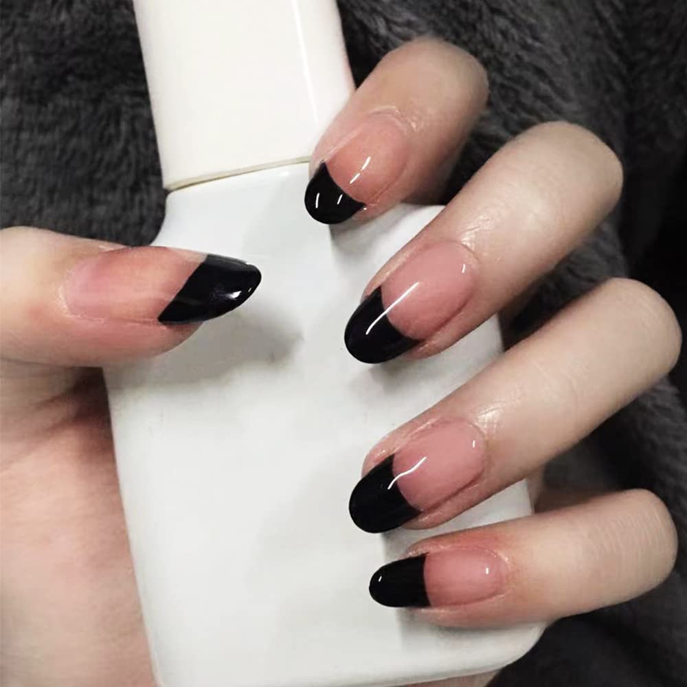 French Tip Press on Nails, Medium Length Black Fake Nails Almond Shaped Acrylic Press on Nails Full Cover French False Nails for Women and Girls (24PCS)