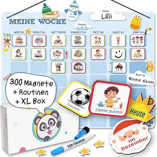 »PANDABANDE« XL Wochenplaner Kinder [300 Magnete, XL Box, Routinen] - Montessori Spielzeug ab 3 Jahre - Ideal zum Wochentage Lernen, Kinderkalender