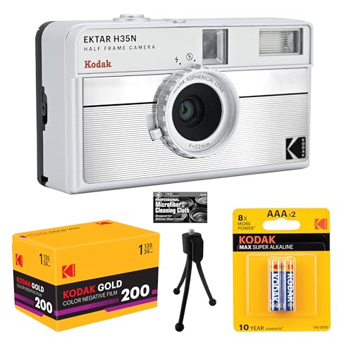 Kodak Ektar H35N Half-Frame Film Camera (Striped Silver) with Eastman Kodak Premium Gold Film + Tabletop Tripod + Batteries + Microfiber Cleaning Cloth