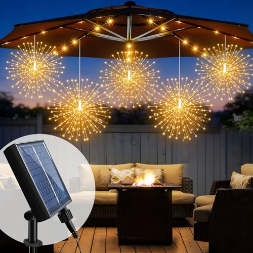 4 peças solares luzes de LED fogos de artifício, 360 LEDs luzes pendentes com efeito de fogo artificial, 8 modos impermeáveis luzes de fadas natalícias para decoração exterior jardim pátio