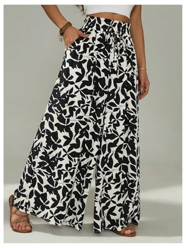 SOLY HUX Women's Boho Print Wide Leg Palazzo Pants Tie Front High Waisted Baggy Loose Long Trousers with Pockets4