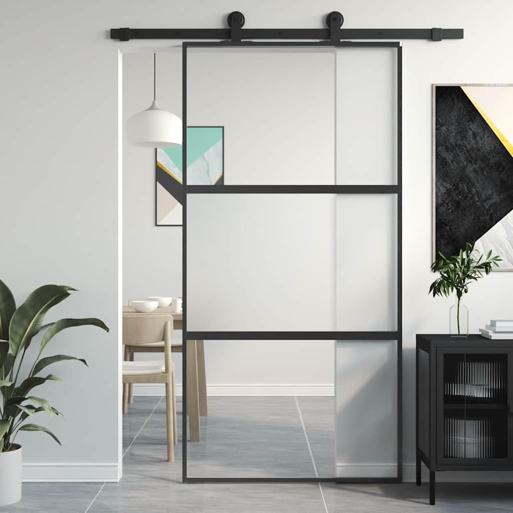 Drzwi przesuwne czarne ze szkła hartowanego i aluminium 102,5 x 205 cm z matowym przezroczystym szklanym wkładem, stabilna rama, idealne do renowacji, nowej konstrukcji, ochrony przed