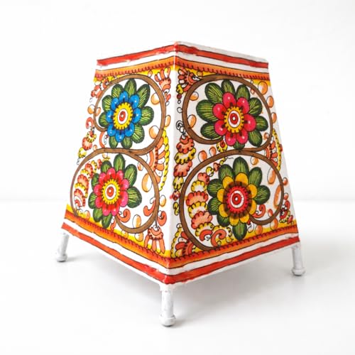 Image of Andhra Leather Craft Lamp Shade, Small (6 inch x 4 inch / Set of 1)- Floral Design | 2 meter wire with bulb holder and socket included - Handpainted Leather Table Lamp: Tholu Bommalata