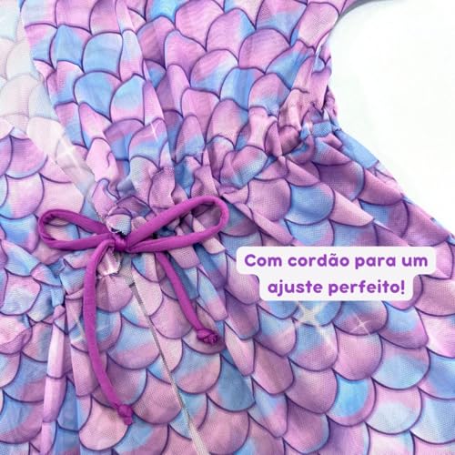 Saída De Praia Infantil Menina Vestido Tule Verão Com Cordão (Padrão, Sereia Skin F118, P (3 A 6 ANO