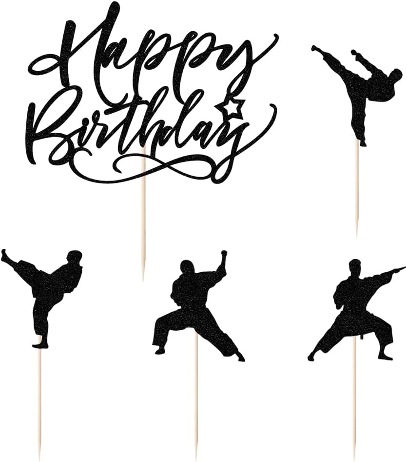 Taekwondo Theme Cake Topper/Taekwondo Birthday Cake Topper/Happy Birthday Party Decorations Black Glitter