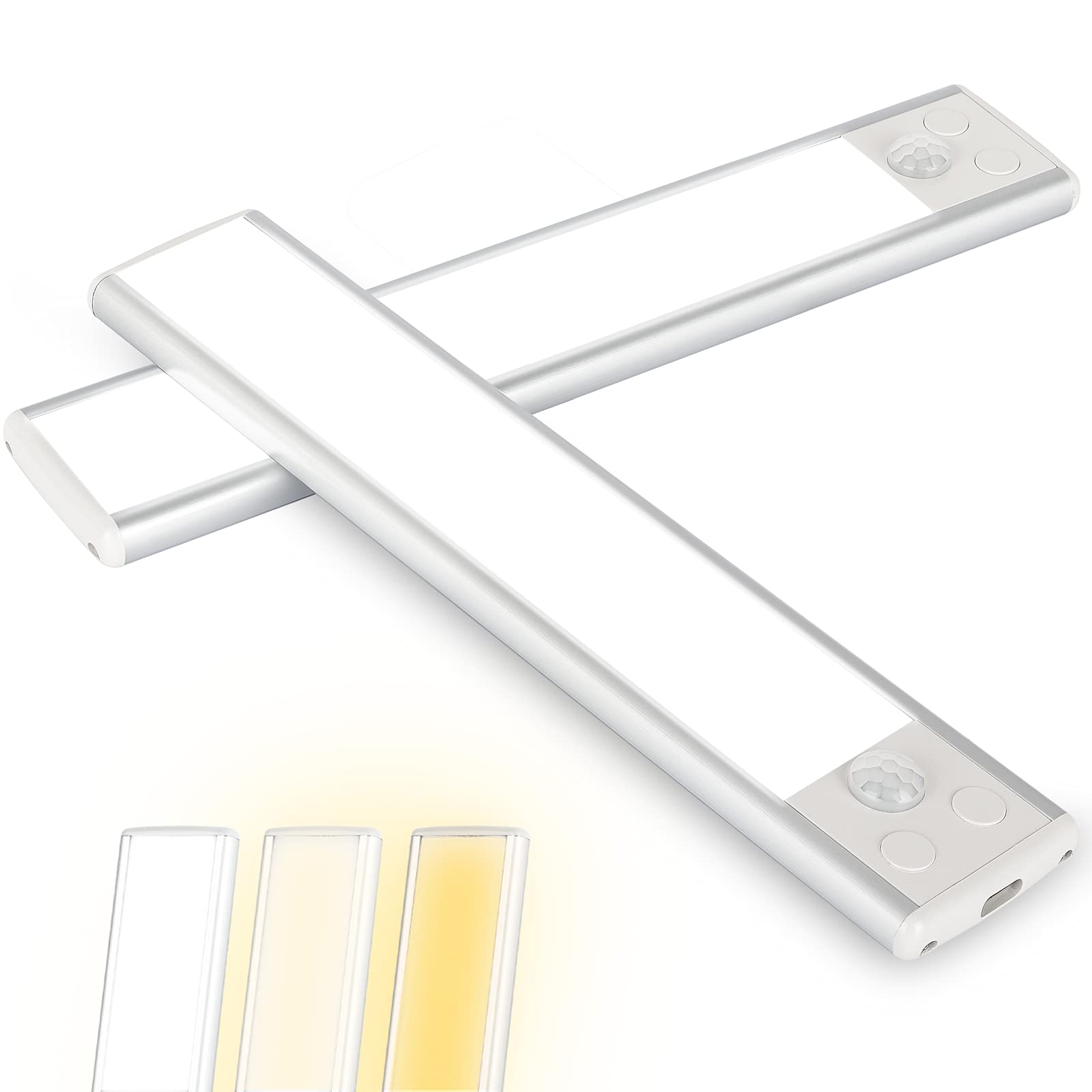 30-LED Closet Lights Motion Sensored, 3-Color Dimmable Under Counter Lights, Battery Operated Wireless Under Cabinet Lighting for Kitchen, Cupboard, Stairway, Wardrobe (Tricolor 2P, 20CM)