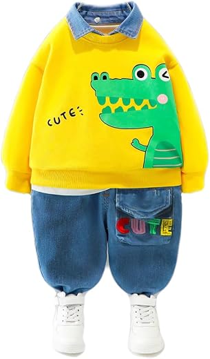 Bold N Elegant Baby Boys Denim Printed Cute Animal Cartoon Print Funky Full Sleeve Collar T-Shirt and Pant Party Clothing Set