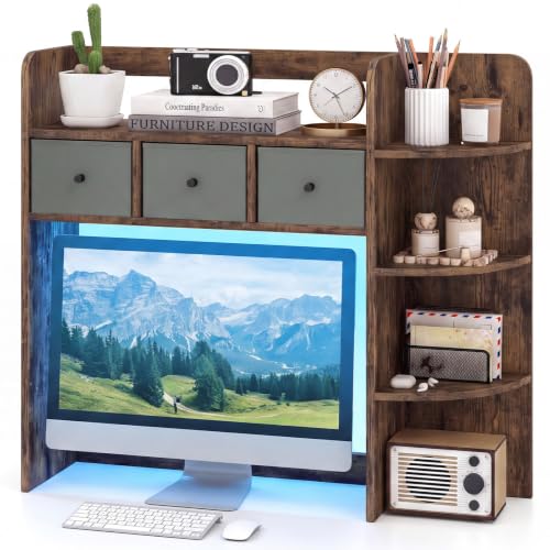 Tangkula Desktop Bookshelf with LED Lights, Dorm Desk Hutch, Rustic Brown