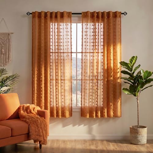 KOUFALL 52x45 Inches Long Burnt Orange Back Tab Rod Pocket Pom Pom Sheer Curtains for Living Room
