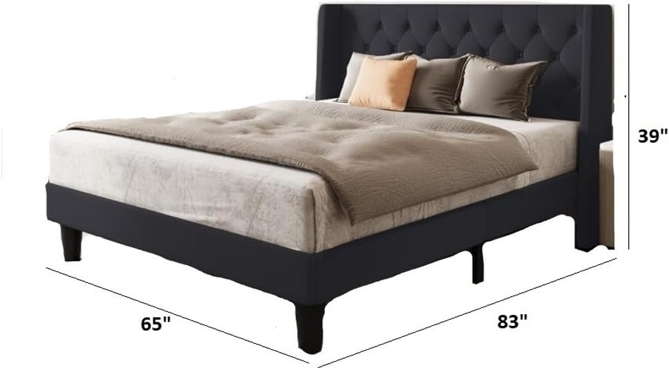 Image of Wooden Modern Upholstered Queen Size Bed for Bedroom | Wooden Double Bed Without Storage | Platform Cot Upholstered Bed with Upholstery Fabric | Engineered Wood | 6.5 x 5 Ft | Black Koa