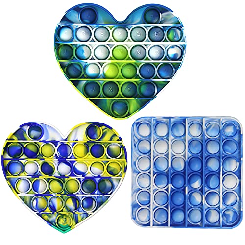3Pcs Silicone Tie dye Push pop Bubble Fidget Toy, Autism Special Needs Stress Reliever Toy, Squeeze Sensory Toy Emotional Stress and Anxiety Relief for Kid Adult, Pop Toy Round Circle Square Heart