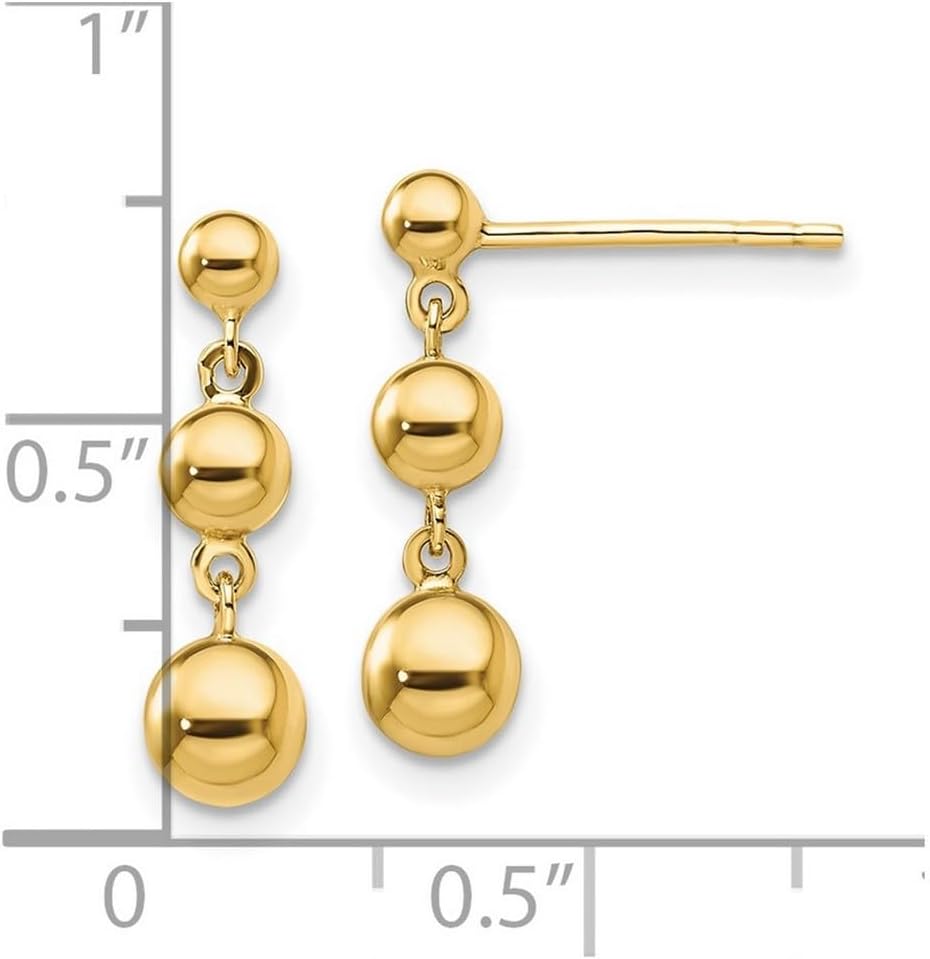 14k Gold Graduated 3 Ball Post Earrings 18x5mm Wide Ball Earring for Women