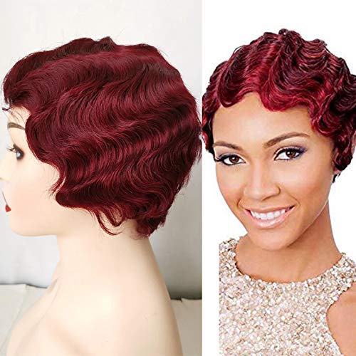 BLISSHAIR Short 99J Finger Wave Curly Wigs for Women African American Red Wine Pixie Cut Wig 100% Brazilian Human Hair Short Curly Wig Fashion Style (#99J color)