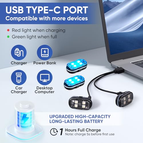 Image of Upgraded 4LEDs 4PCS Wireless LED Strobe Lights with Remote Control, 8 Colors Type-C Rechargeable Led Lights Anti Collision Warning Light for Car Motorcycle Bike Drone Aircraft
