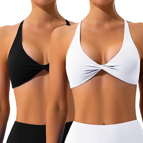 Litthing Womens Sexy Sports Bra Backless V Neck Yoga Bras Low Cut Athletic Crop Top Criss Cross Workout Tank Tops Wireless Removable Padded Bralette for Gym Fitness