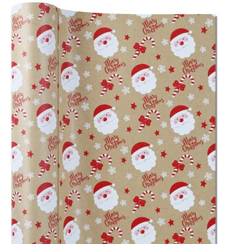 FullJoyHut Carta Regalo di Natale - Rotolo di Carta Kraft 44 cm x 15 m con Motivo Babbo Natale e Fiocchi di Neve - per Calendario dell'Avvento, Confezione Regali e Decorazioni
