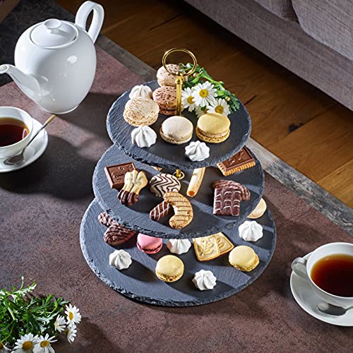 ECHTWERK EW-ET-1782G Etagere-/ Servier-Ablage für Gebäck, Obst, Käse und Dessert aus Naturschiefer mit 3 Ebenen und Metallgriff, Gold-Edition, Ø Schieferplatten ca. 20/25/ 30 cm, Steingut