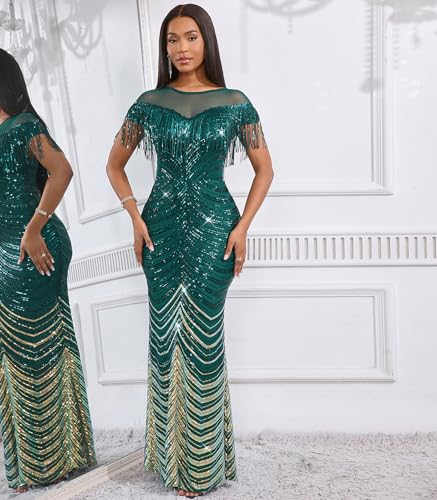 Image of Cololura Sexy Sequin Tassel Mesh Perspective Party Cocktail Bodycon Evening Club Maxi Dress
