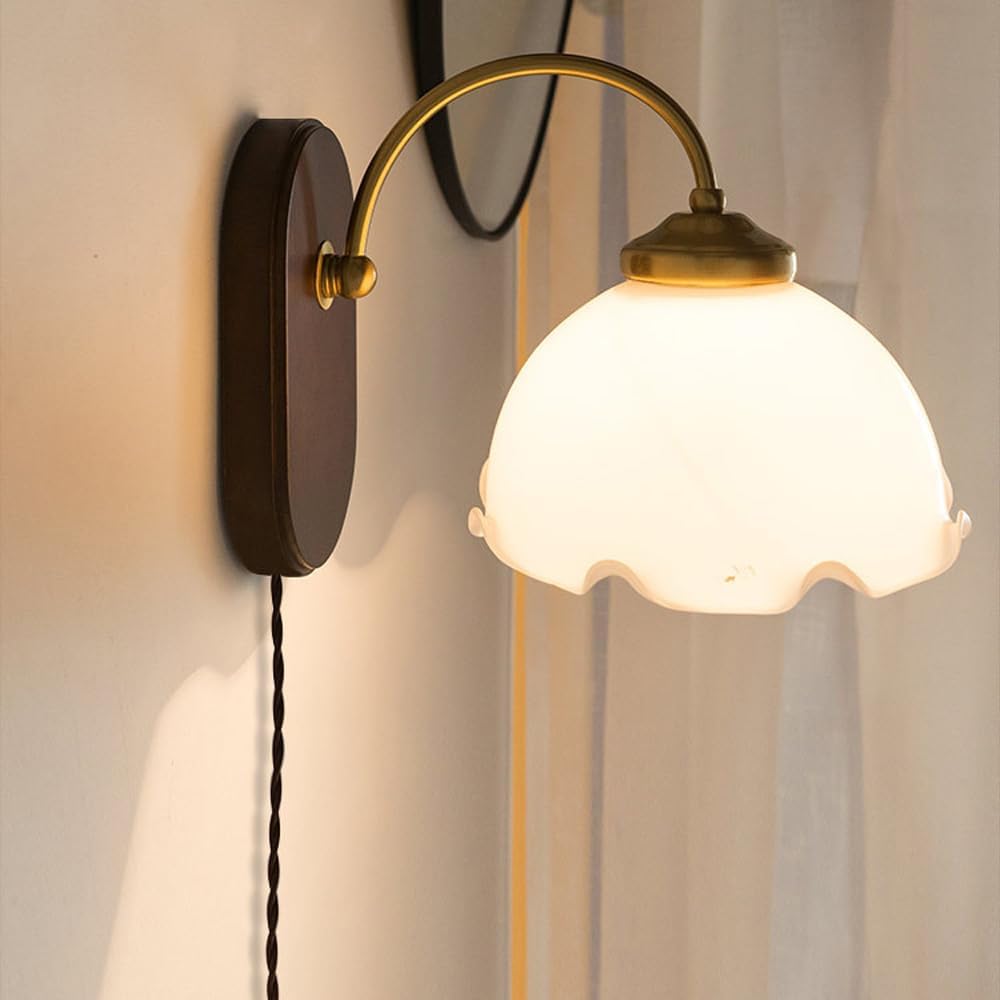 Vintage Milk Glass Flower Wall Sconce Plug in Antique Gold Rustic Wall Lamp - Gooseneck Farmhouse Bedroom Wall Mounted Light