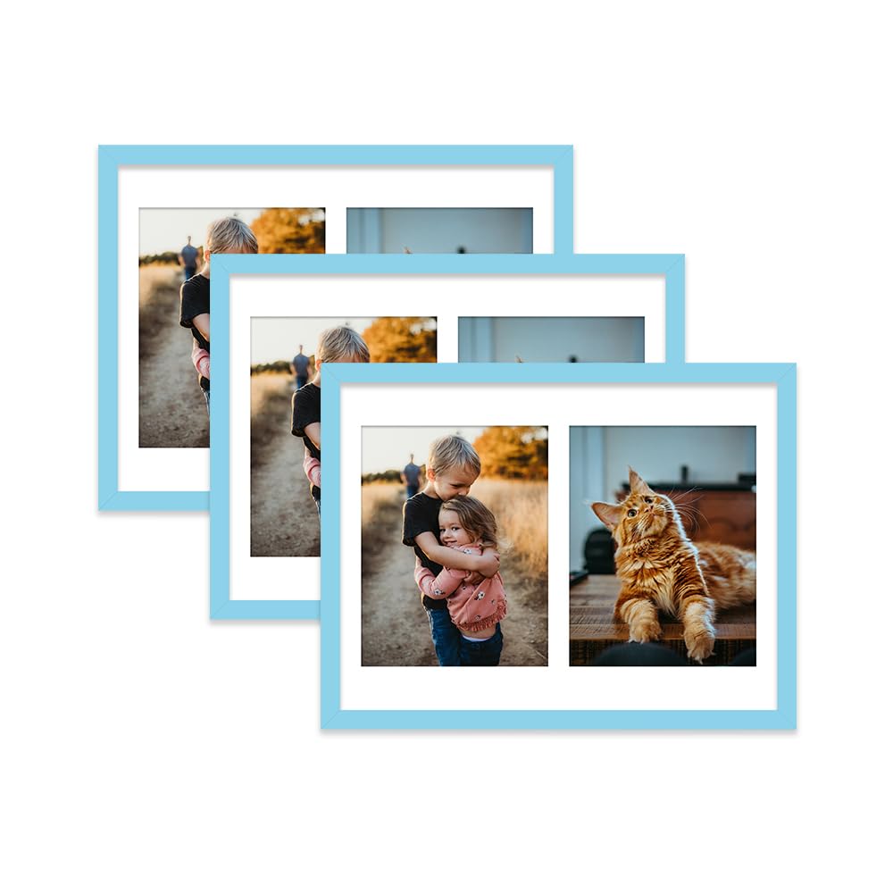 Light Blue Multi Photo Frame - Holds 2 x 9x7 Pictures, Family Collage Picture Frame for Wall Display, 16x12 Frame size, Set of 3