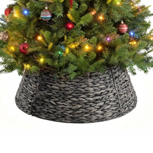 DUMOS 24in Christmas Tree Collar for 4-7ft Trees, Handcrafted Woven Hyacinth Rattan 4-Panel w/Cord Access Hole & Easy Lock Design, Holiday Decor, Black