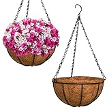 ZeeDix 2 Packs 12in Metal Hanging Planter Basket with Coconut Coir Liner- Coconut Coir Liner with Bl