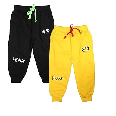 Fingers Boys Girls Kids Pack of 2 Track Pants Pajamas Joggers Sweatpants Cotton Sports Athletic Casual wear with Funky Print and Embroidery in Black-Yellow Color