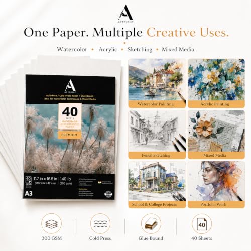 Image of ArtRight Artists' Watercolor Paper A3 300 GSM - 40 Sheets of Handmade Rough Grain Water Colour Papers for Watercolour, Acrylic, Gouache, Ink & Mixed Media