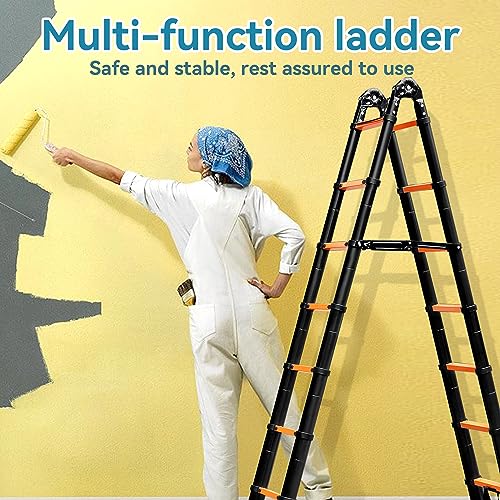 BOWEITI 12.5FT A Frame Telescoping Ladder, Aluminum Extension Ladder for 330lbs Capacity, Lightweight Telescopic Ladder w/Detachable Wheels & Non-Slip Feet for RV, Household, Outdoor(12.5FT,Orange) - Thumbnail 2