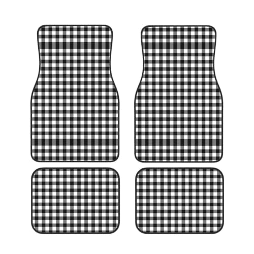 Juego de 4 alfombrillas para coche de neopreno universales con cuadros Vichy blanco y negro
