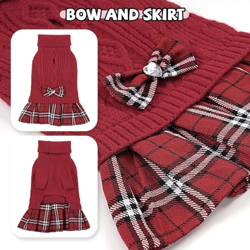 Image of YUDODO Small Dog Sweater Dress with Bowtie Turtleneck Knitted Pet Clothes | Fall Winter Warm Pet Clothes, For Small Dogs Girl, Soft Knit Fabric, Leash Hole, Long Sleeve, Red, L