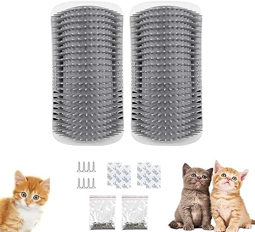 Pack of 2 Cat Self Groomer, Cat Brush Wall Corner, Corner Massage Comb, Massage Corner Cat, Cat Brush, Self Groomer, for Long Hair, Short Hair, Cat Massage, with Catnip & Screws, Grey